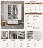 Modern white 2-door wardrobe with four drawers, hanging rail, adjustable shelves, and spacious bedroom storage for clothes, linens, and accessories.
