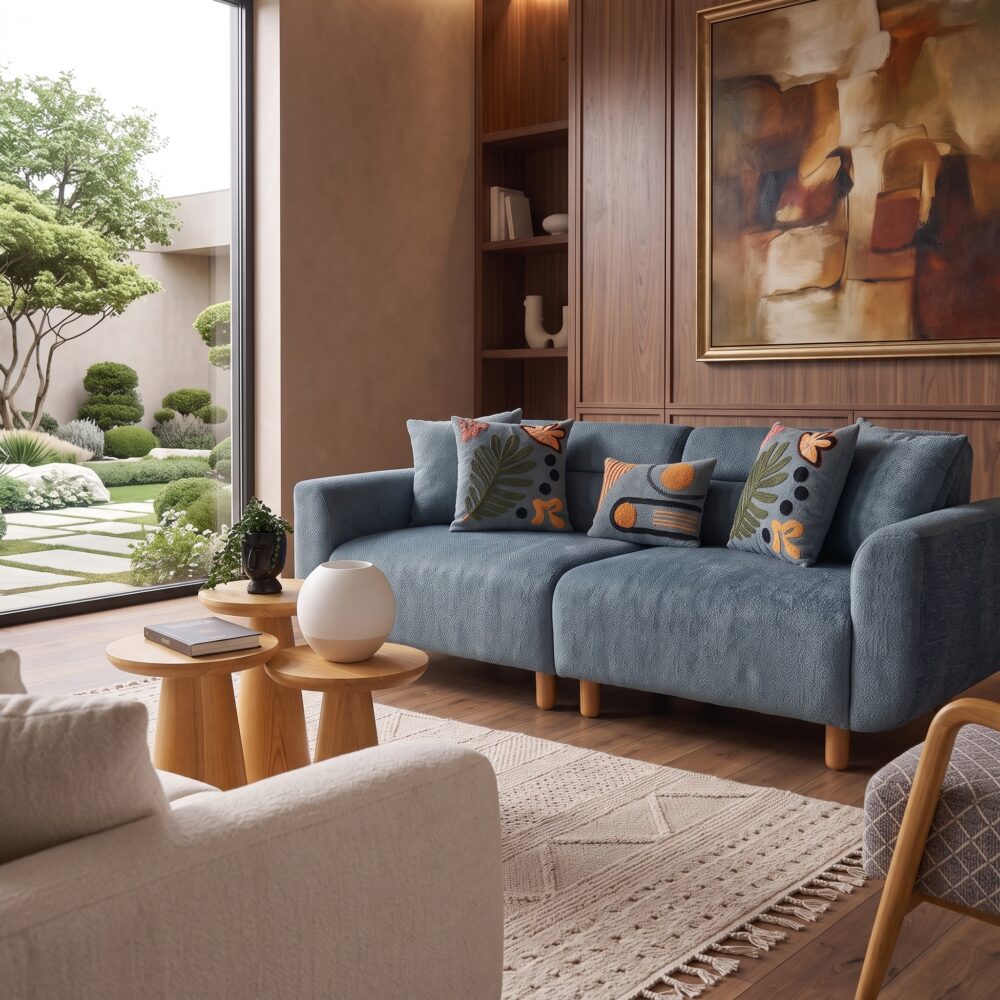 Modern Blue & Gray 3-Seater Fabric Sofa with premium textured upholstery, plush cushions, rounded armrests, and solid wood legs in a contemporary living room.