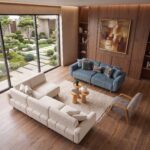 Modern Blue & Gray 3-Seater Fabric Sofa with premium textured upholstery, plush cushions, rounded armrests, and solid wood legs in a contemporary living room.