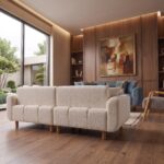 Modern Blue & Gray 3-Seater Fabric Sofa with premium textured upholstery, plush cushions, rounded armrests, and solid wood legs in a contemporary living room.