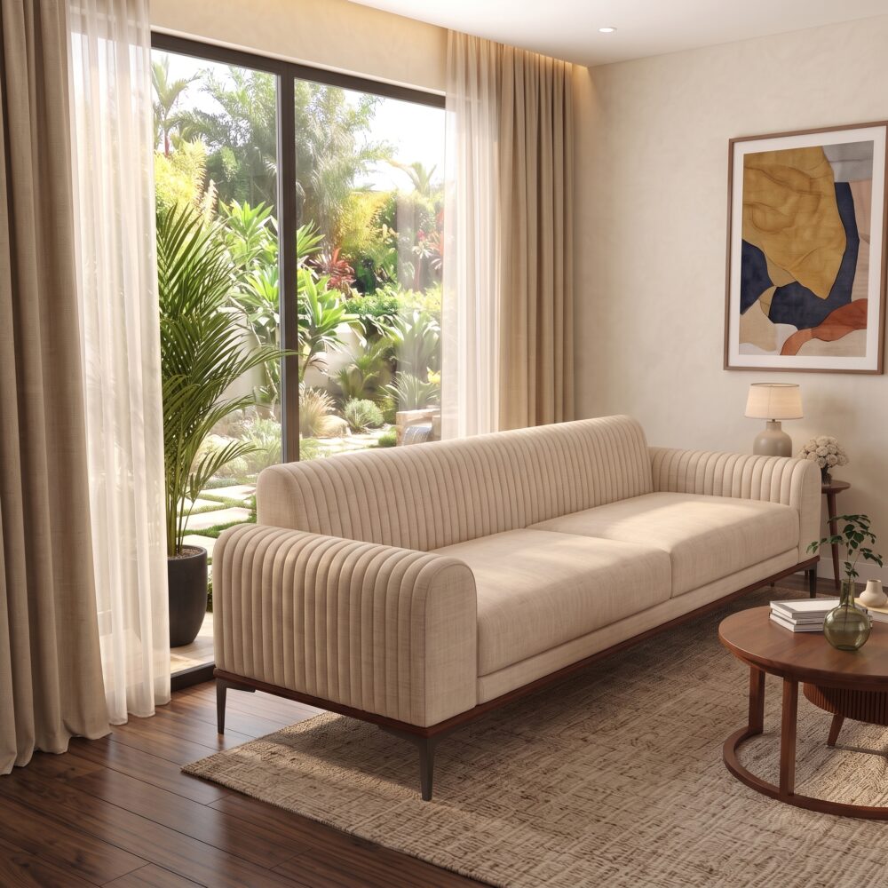 Modern Cream Fluted 3-Seater Sofa with vertical channel tufting, premium cream fabric upholstery, curved armrests, and solid wood base in a contemporary living room.