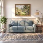 Modern light gray 3-seater fabric sofa with premium upholstery, plush cushions, rounded armrests, and a sturdy wooden base in a contemporary living room.