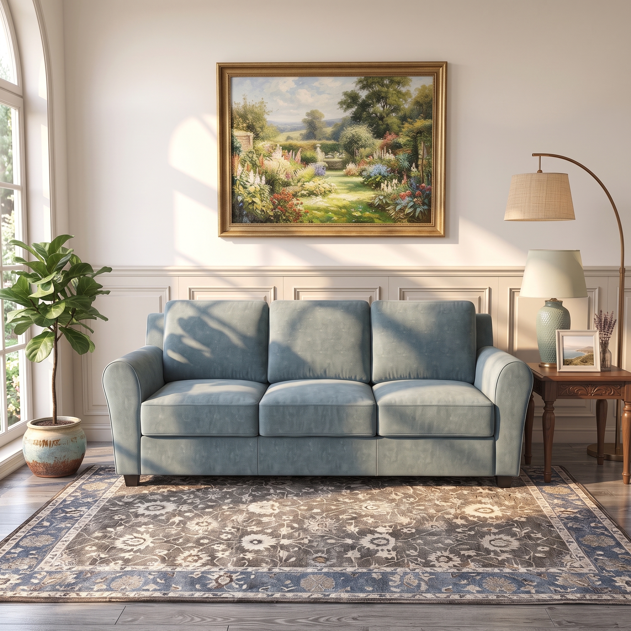Modern Light Gray 3-Seater Fabric Sofa Modern light gray 3-seater fabric sofa with premium upholstery, plush cushions, rounded armrests, and a sturdy wooden base in a contemporary living room.