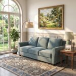 Modern light gray 3-seater fabric sofa with premium upholstery, plush cushions, rounded armrests, and a sturdy wooden base in a contemporary living room.
