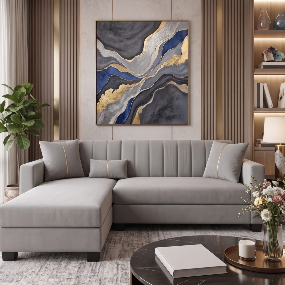 Modern light gray L-shaped sectional sofa with chaise lounge, premium fabric upholstery, vertical channel backrest, and contemporary design.
