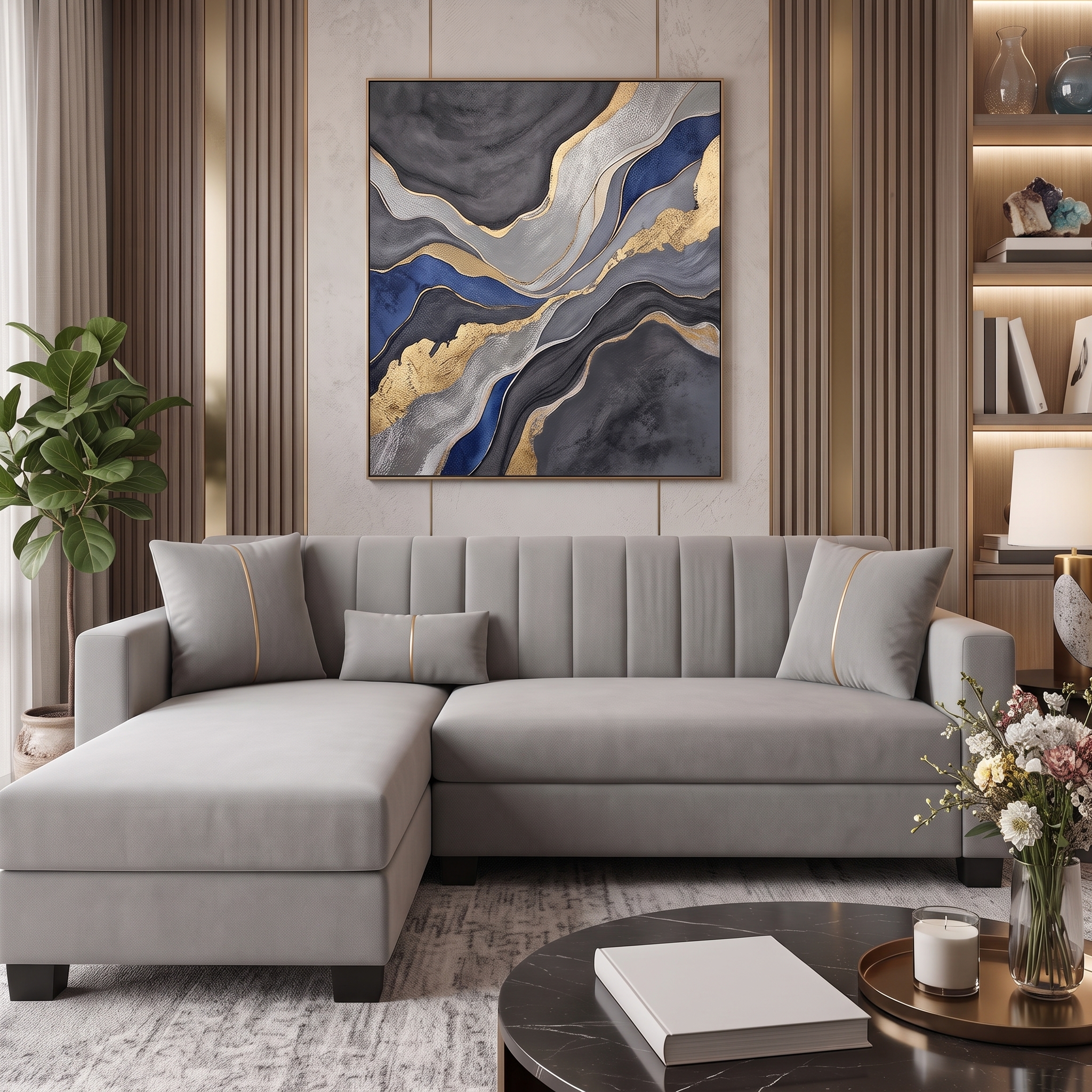 Modern Light Gray L-Shaped Sectional Sofa Modern light gray L-shaped sectional sofa with chaise lounge, premium fabric upholstery, vertical channel backrest, and contemporary design.