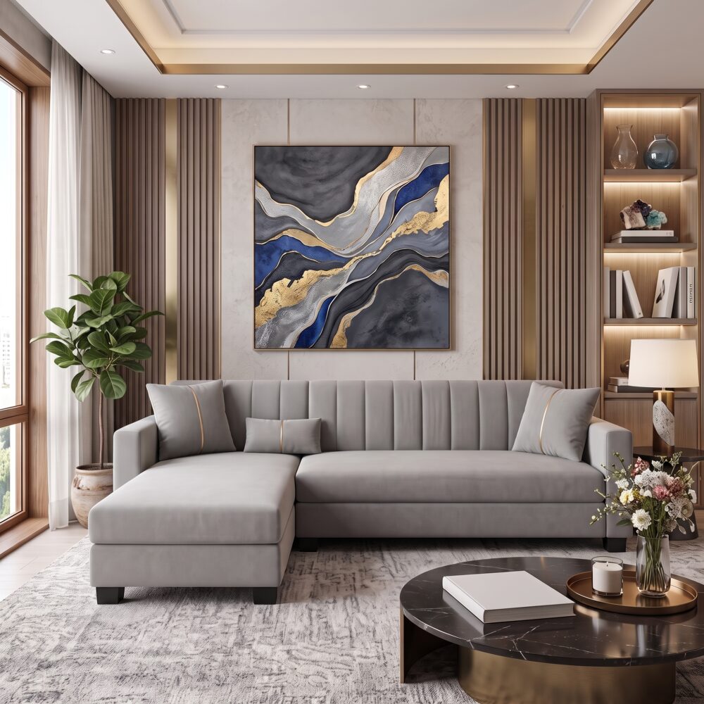 Modern light gray L-shaped sectional sofa with chaise lounge, premium fabric upholstery, vertical channel backrest, and contemporary design.