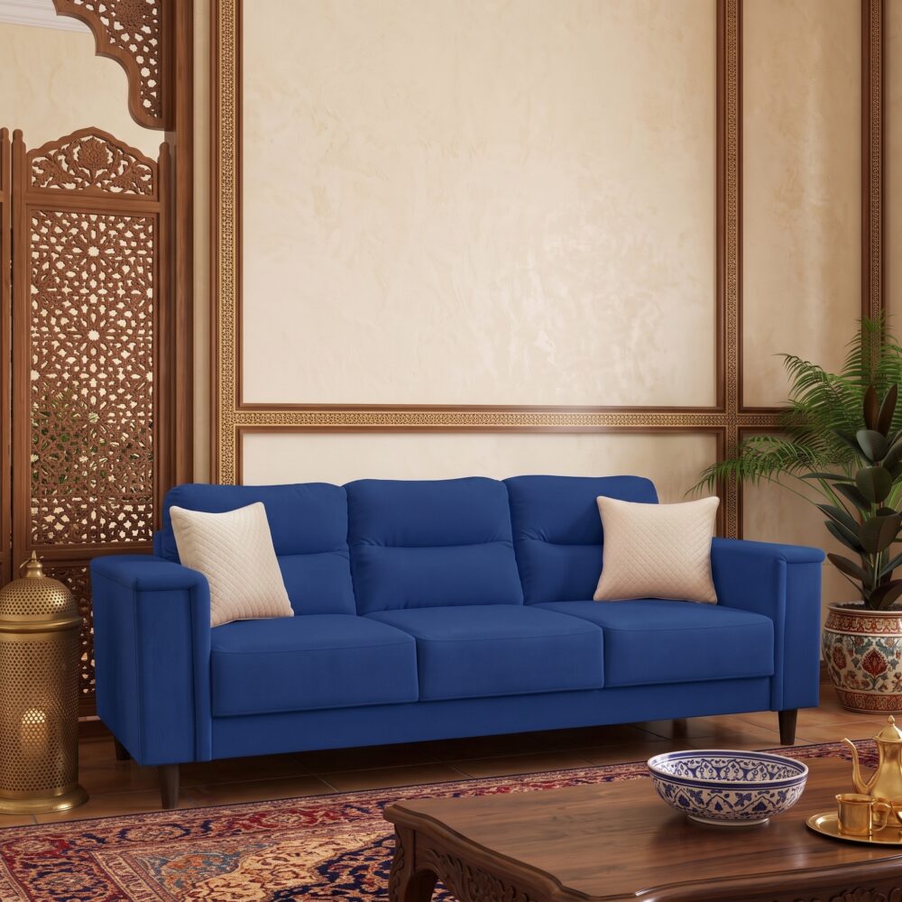 Modern Royal Blue 3-Seater Fabric Sofa | Upholstered Living Room Couch