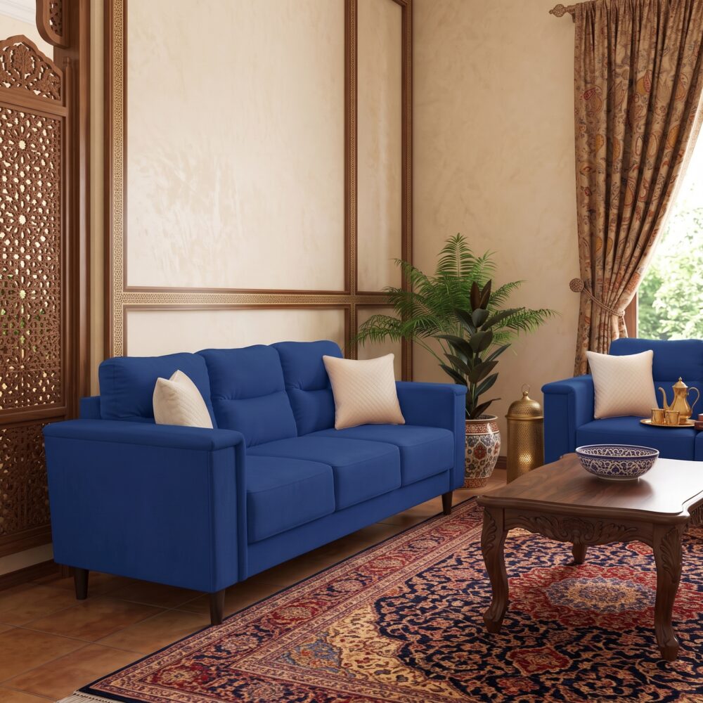 Modern Royal Blue 3-Seater Fabric Sofa | Upholstered Living Room Couch