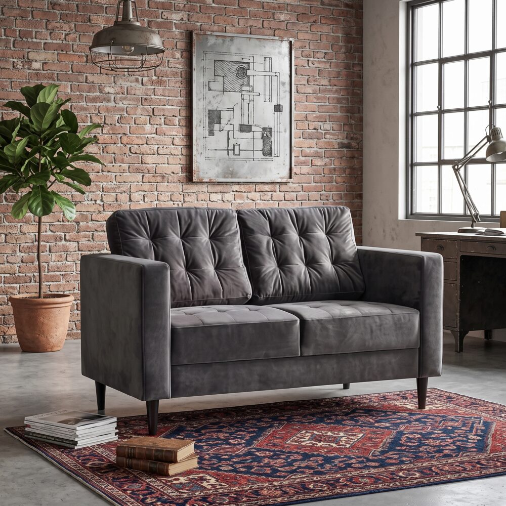 Modern Grey Tufted 2-Seater Upholstered Industrial Sofa for Living Room