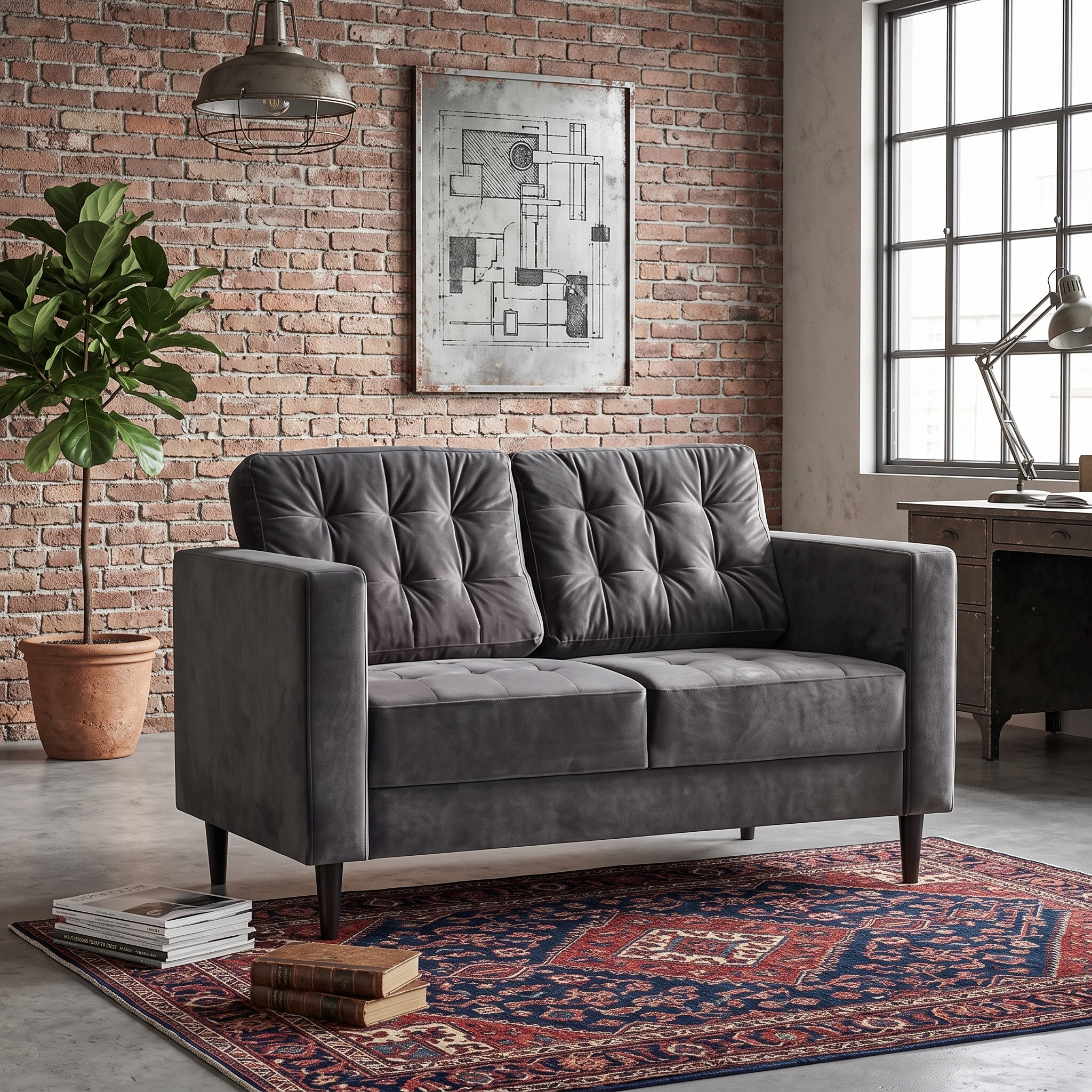 Modern grey upholstered tufted 2-seater sofa with plush cushions, wooden legs, and industrial loft living room décor against an exposed brick wall. Modern Grey Tufted 2-Seater Upholstered Industrial Sofa for Living Room
