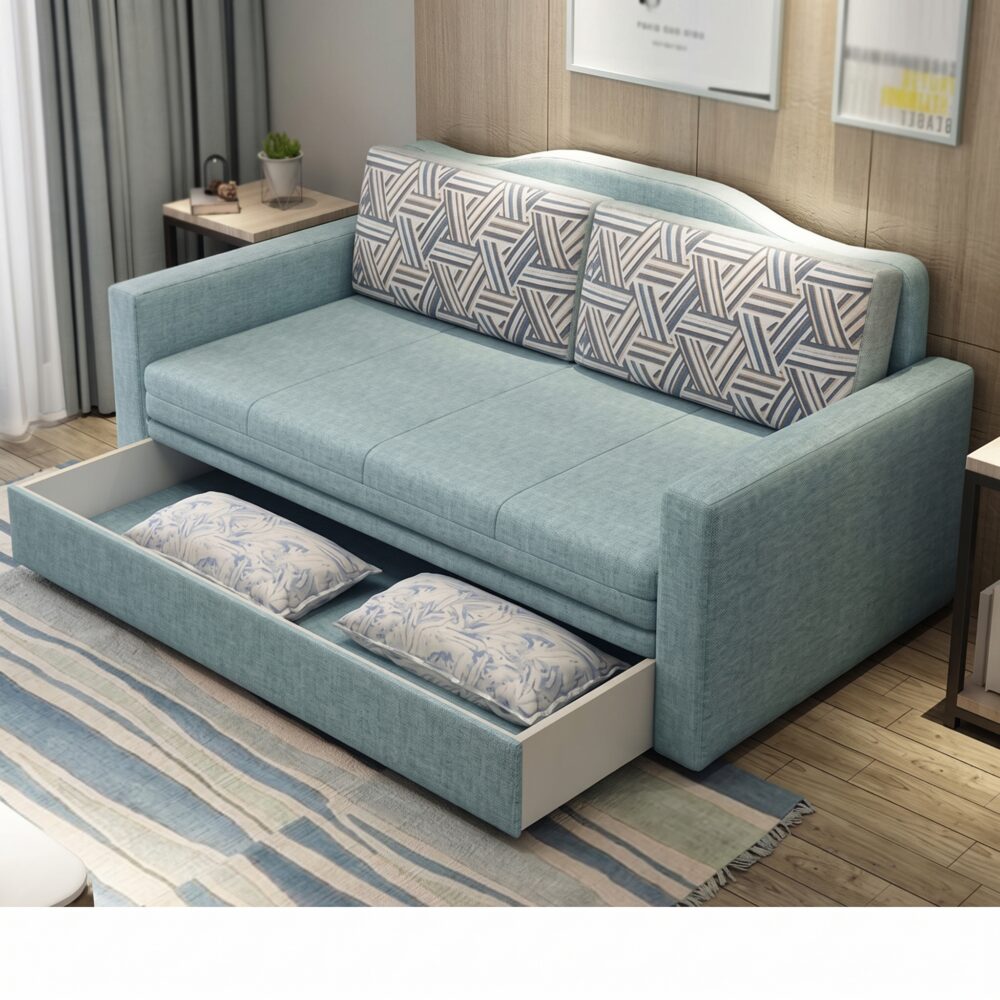 Modern Fabric Sofa Cum Bed with Hidden Storage Drawer