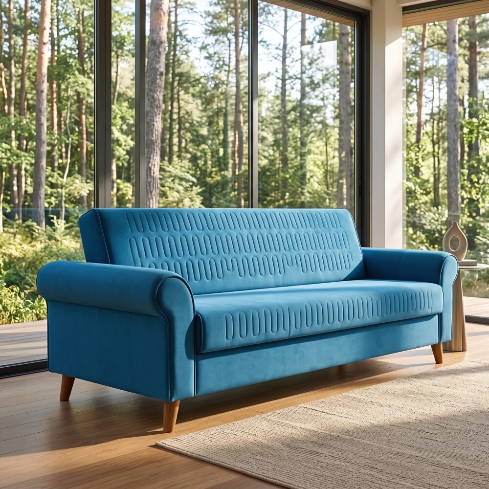 Modern Blue Fabric Sofa Cum Bed – 3 Seater Convertible Sleeper Sofa