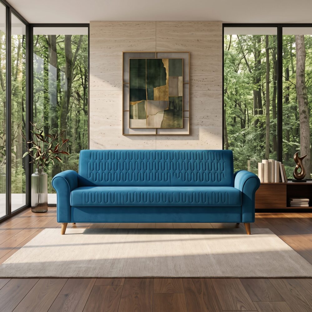 Modern Blue Fabric Sofa Cum Bed – 3 Seater Convertible Sleeper Sofa