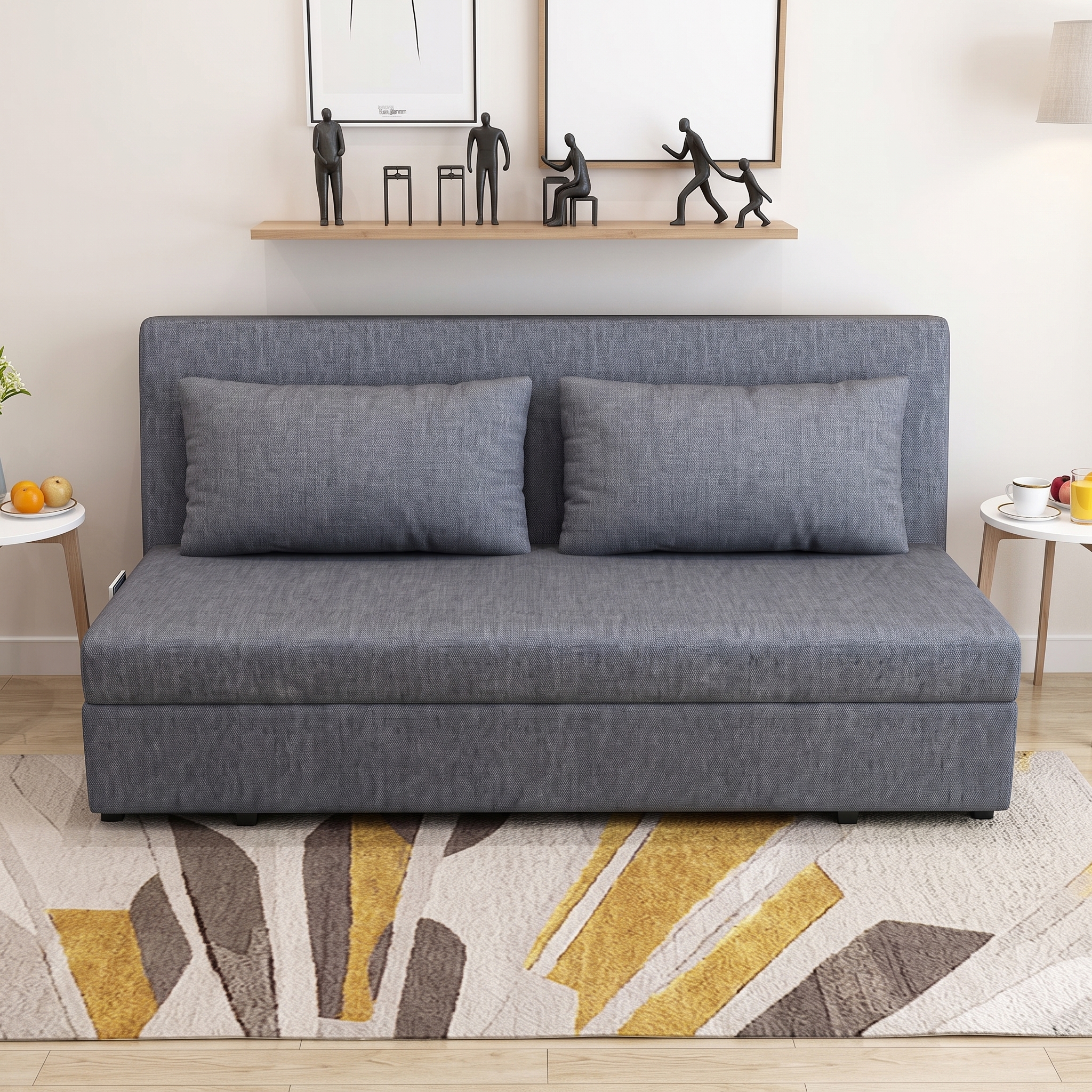 Modern Grey Fabric Sofa Cum Bed with Side Storage Pockets – Convertible Sleeper Sofa Modern grey fabric sofa cum bed with removable cushions, integrated side storage pockets, and convertible sleeper design in a contemporary living room.