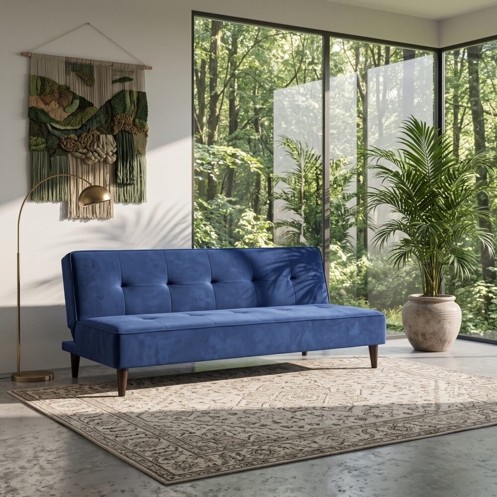 Modern blue fabric sofa cum bed with tufted backrest, wooden legs, and fold-flat sleeper design placed in a contemporary living room with large glass windows and indoor plants.
