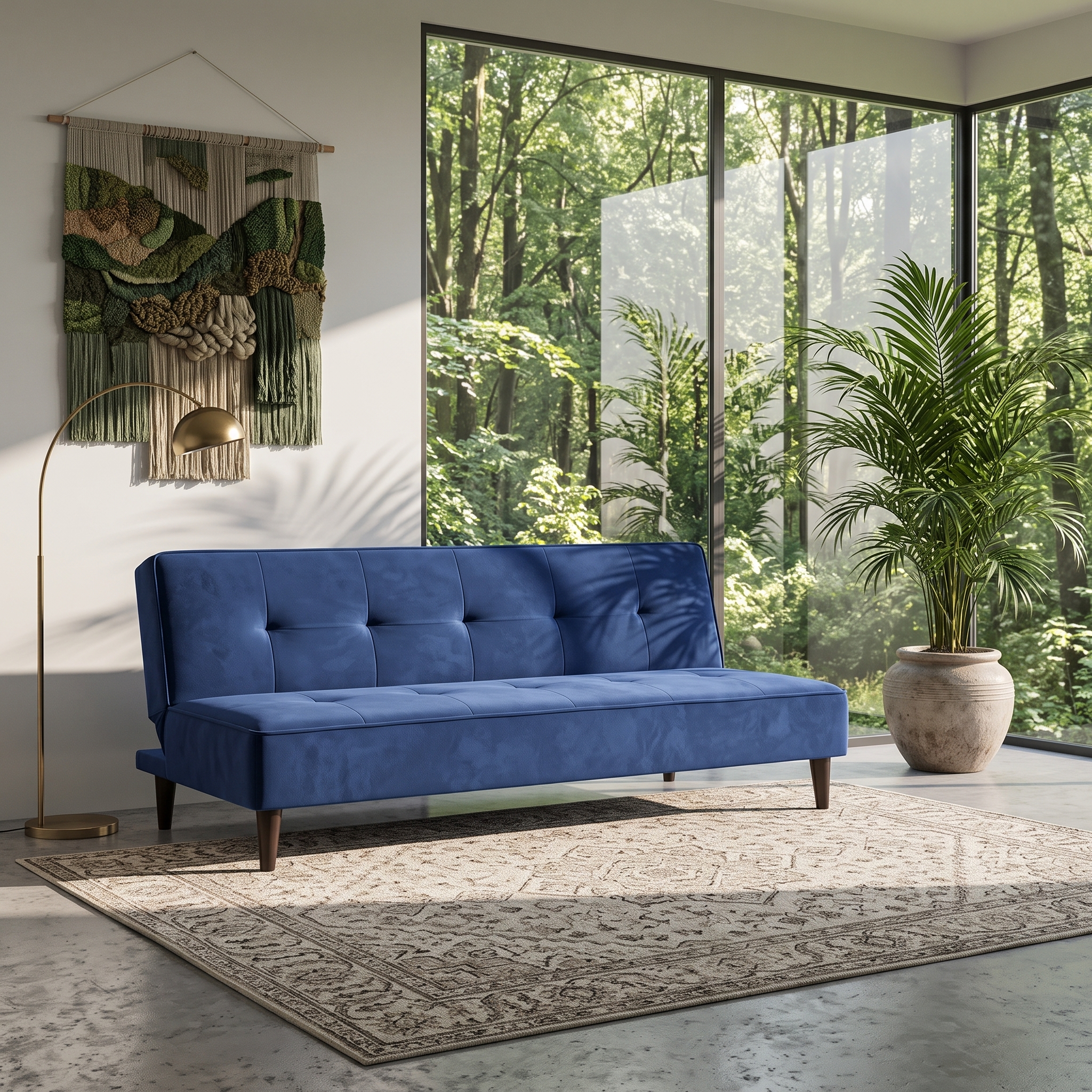 Modern Blue Fabric Sofa Cum Bed – Convertible Sleeper Sofa with Tufted Backrest Modern blue fabric sofa cum bed with tufted backrest, wooden legs, and fold-flat sleeper design placed in a contemporary living room with large glass windows and indoor plants.