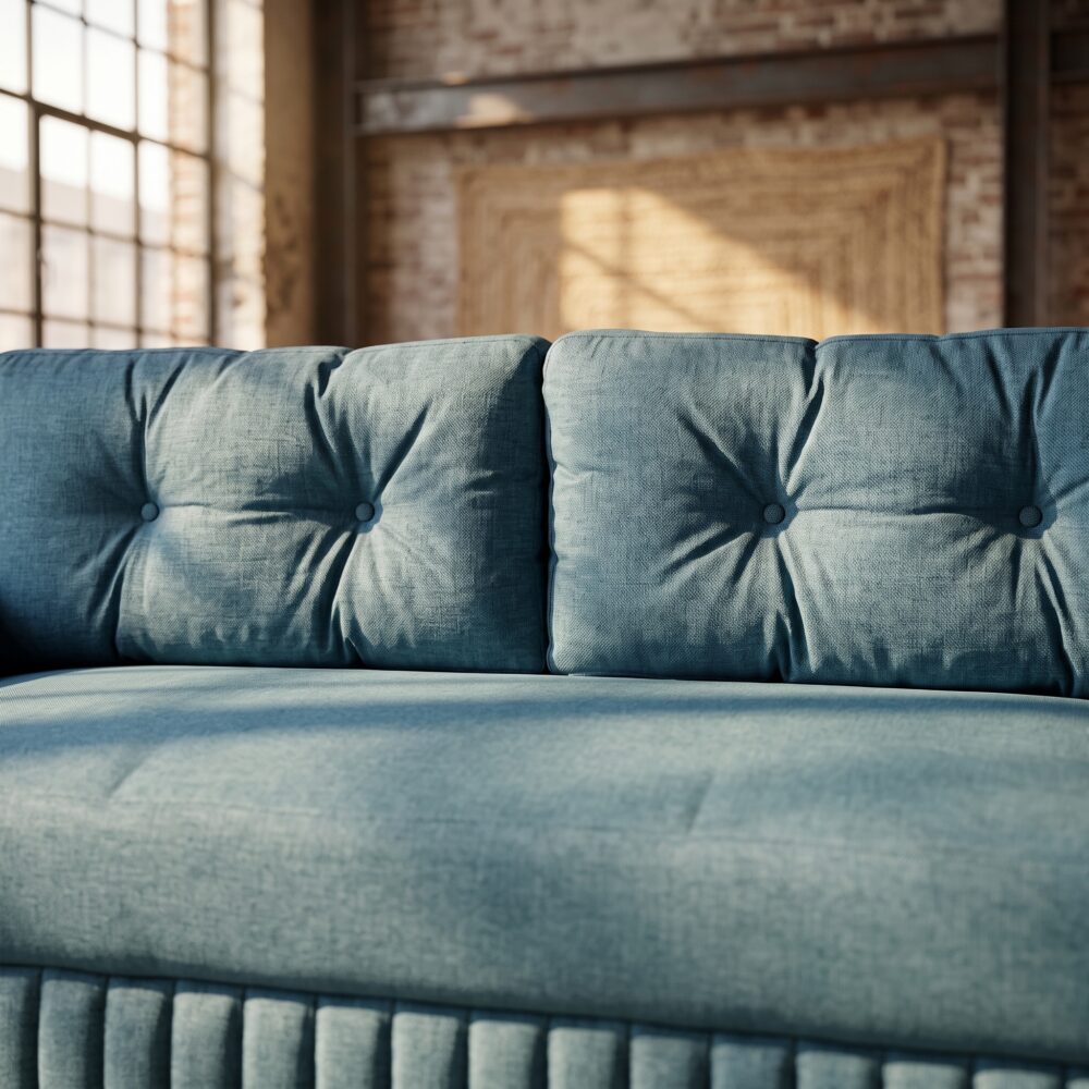 Modern teal fabric sofa cum bed with tufted back cushions, integrated armrest cup holders, wooden base, and convertible sleeper design in a contemporary loft-style living room.