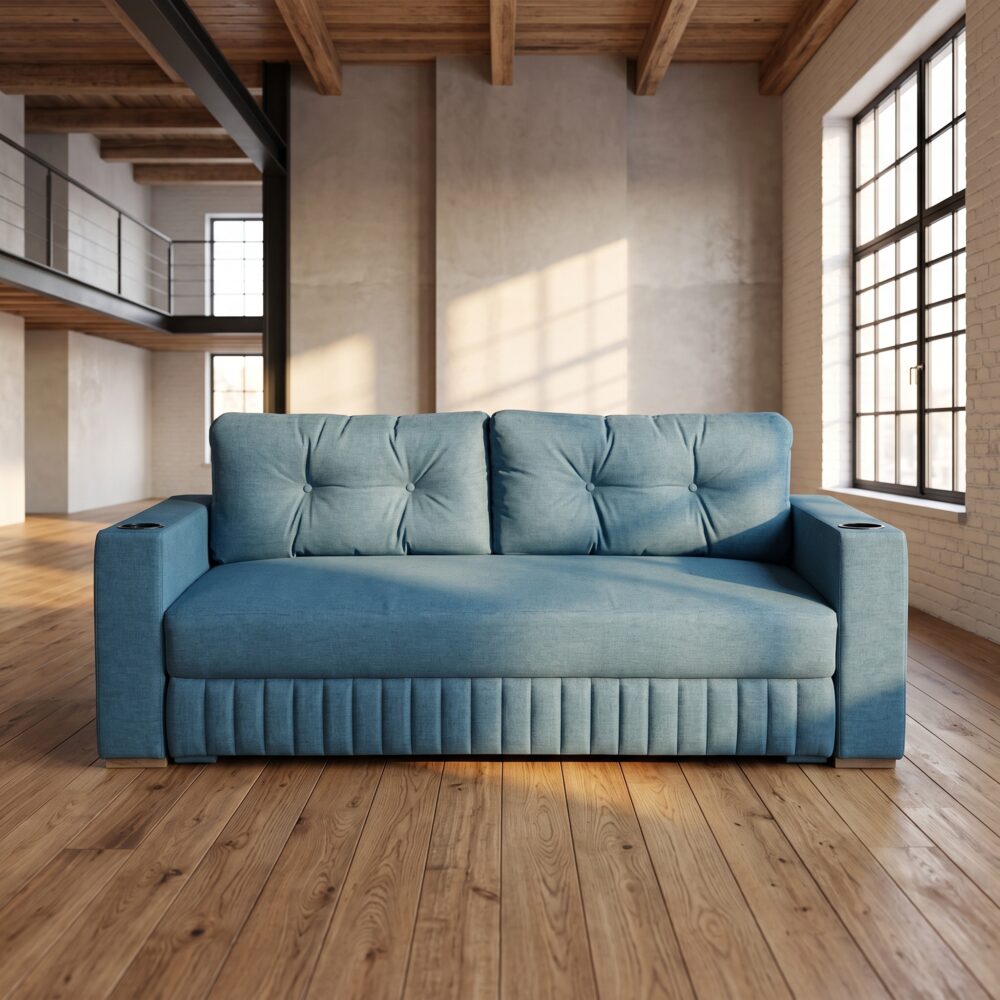 Modern teal fabric sofa cum bed with tufted back cushions, integrated armrest cup holders, wooden base, and convertible sleeper design in a contemporary loft-style living room.