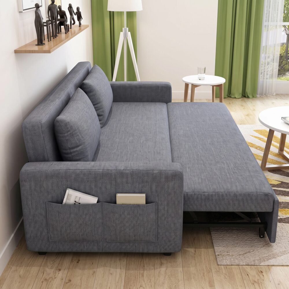Modern grey fabric sofa cum bed converted into a spacious sleeper bed with dual side storage pockets, premium upholstery, high-density foam cushions, and contemporary design for living room or guest room.