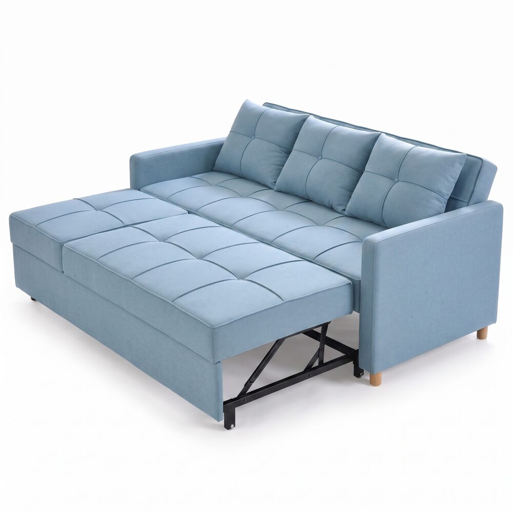 Modern light blue fabric pull-out sofa cum bed with tufted cushions, three removable back pillows, sturdy metal sleeper frame, and wooden legs for contemporary living rooms.