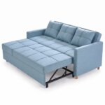 Modern light blue fabric pull-out sofa cum bed with tufted cushions, three removable back pillows, sturdy metal sleeper frame, and wooden legs for contemporary living rooms.