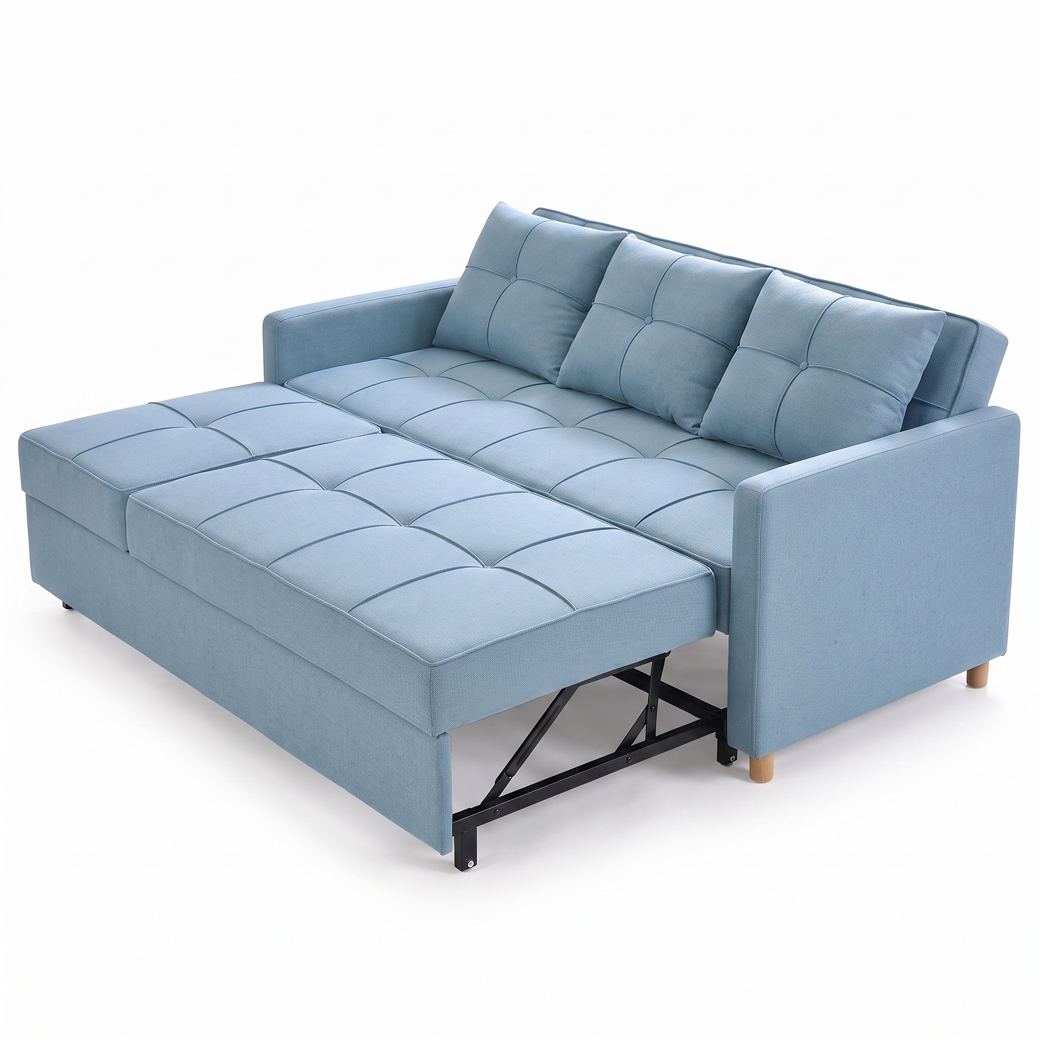 Modern Light Blue Pull-Out Sofa Cum Bed with Tufted Cushions Modern light blue fabric pull-out sofa cum bed with tufted cushions, three removable back pillows, sturdy metal sleeper frame, and wooden legs for contemporary living rooms.