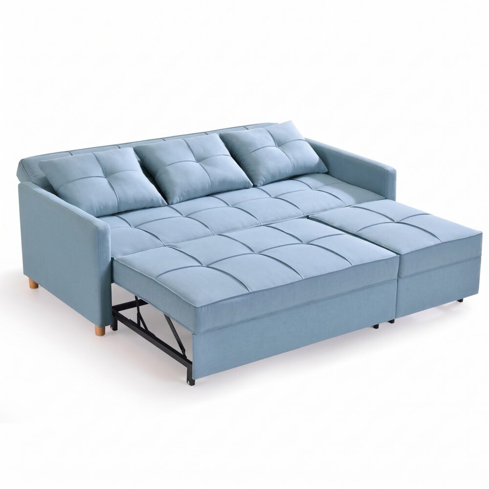 Modern light blue fabric pull-out sofa cum bed with tufted cushions, three removable back pillows, sturdy metal sleeper frame, and wooden legs for contemporary living rooms.