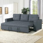 Modern dark grey convertible sleeper sofa bed with pull-out bed, premium fabric upholstery, three back cushions, and sturdy metal frame for living room and guest room.