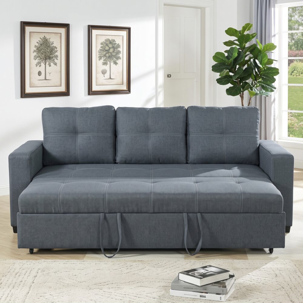 Modern dark grey convertible sleeper sofa bed with pull-out bed, premium fabric upholstery, three back cushions, and sturdy metal frame for living room and guest room.