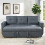 Modern dark grey convertible sleeper sofa bed with pull-out bed, premium fabric upholstery, three back cushions, and sturdy metal frame for living room and guest room.