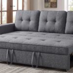Modern dark grey convertible sleeper sofa bed with pull-out bed, premium fabric upholstery, three back cushions, and sturdy metal frame for living room and guest room.