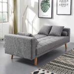 Modern grey fabric convertible sofa bed with tufted backrest, wooden legs, square cushions, bolster pillows, and Scandinavian design for living room furniture.