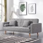 Modern grey fabric convertible sofa bed with tufted backrest, wooden legs, square cushions, bolster pillows, and Scandinavian design for living room furniture.