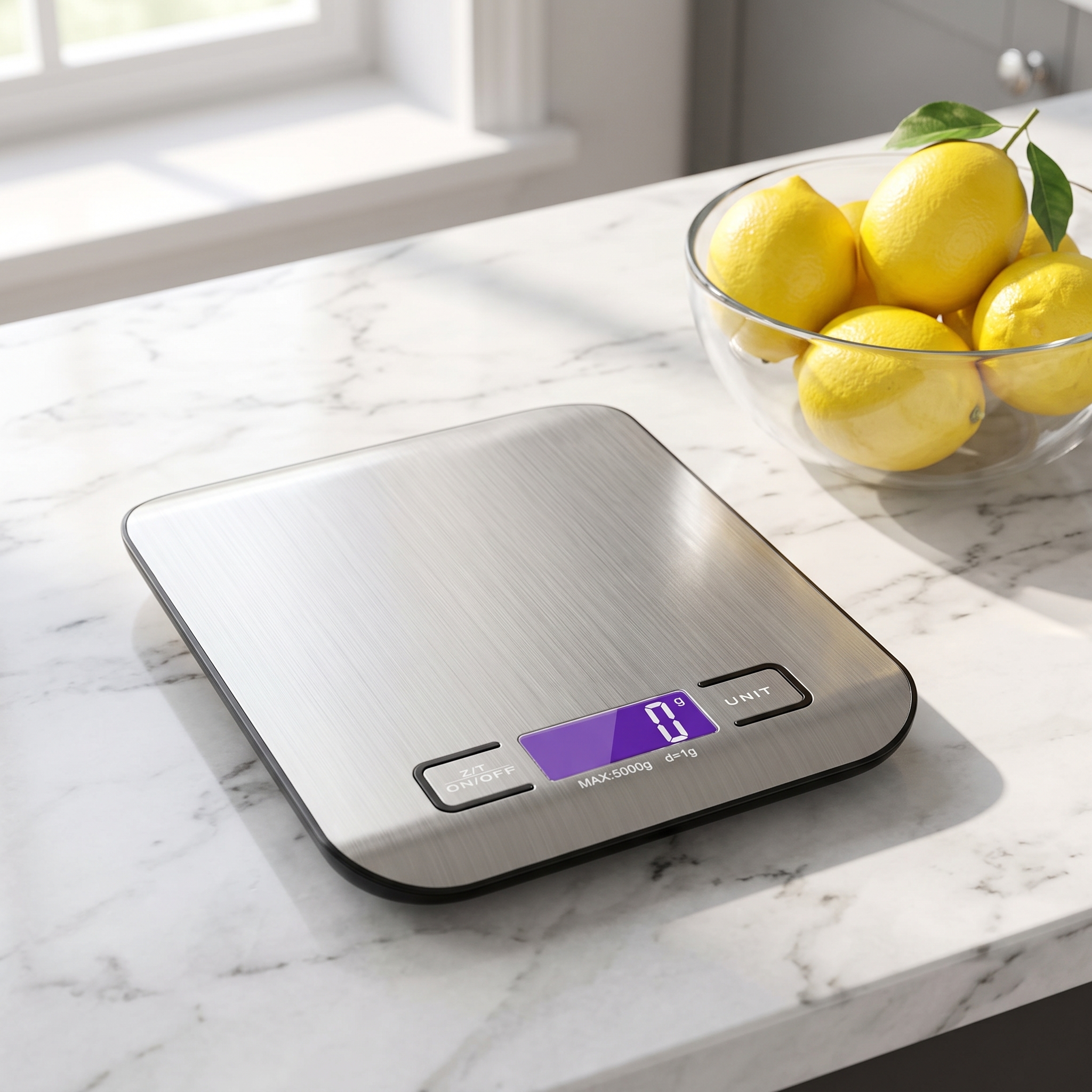 Homslux Kitchen Scale – Stainless Steel Digital Food Scale Homslux Kitchen Scale with stainless steel platform and digital display on marble kitchen countertop