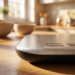 Homslux Kitchen Scale with stainless steel platform and digital display on marble kitchen countertop