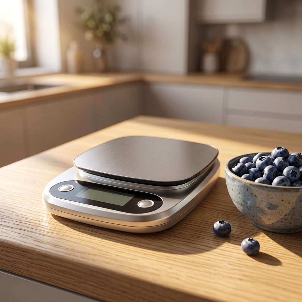 Homslux Kitchen Scale digital food scale with stainless steel platform on a wooden kitchen countertop