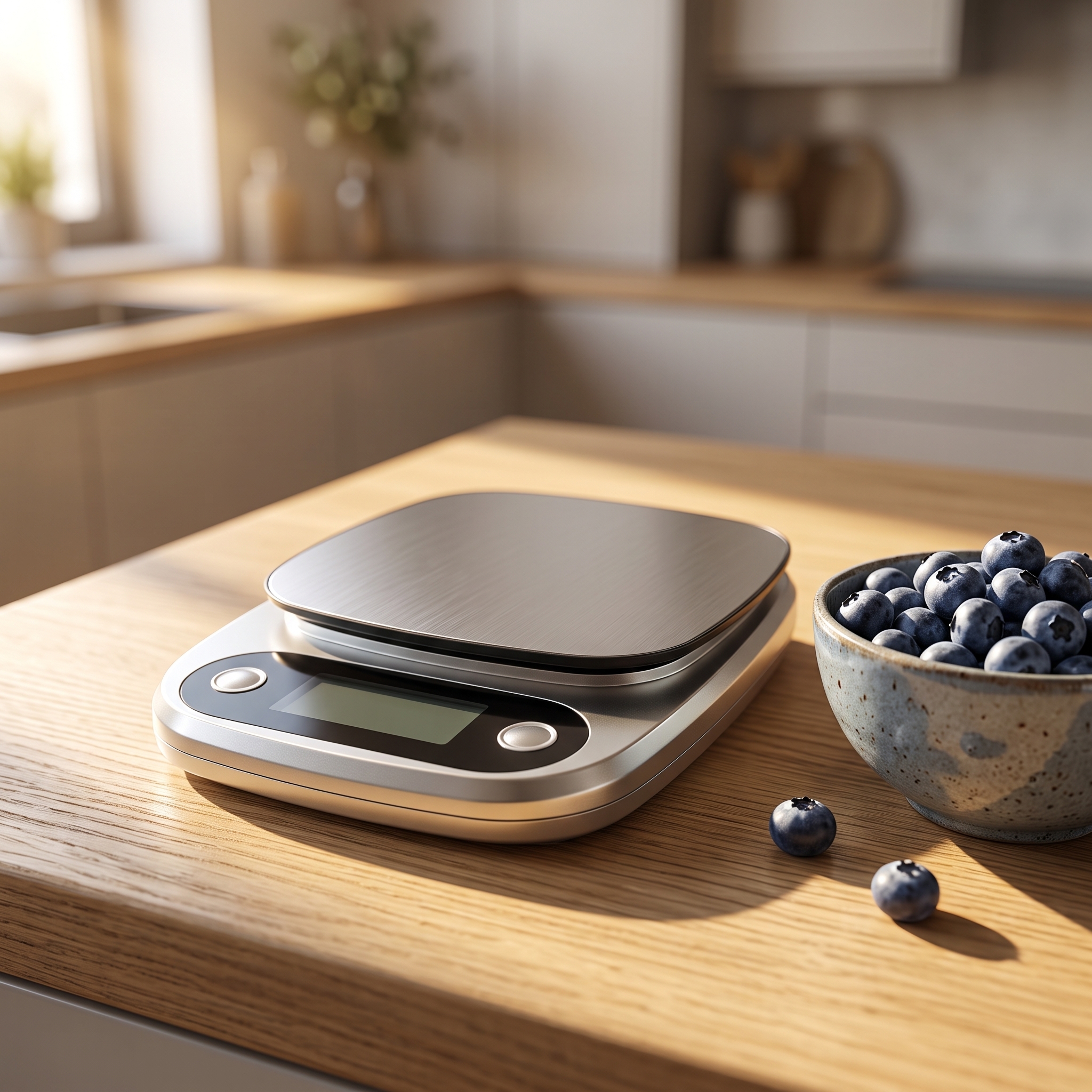 Homslux Kitchen Scale digital food scale with stainless steel platform on a wooden kitchen countertop
