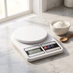 Homslux white digital kitchen scale on a marble countertop next to a bowl of flour