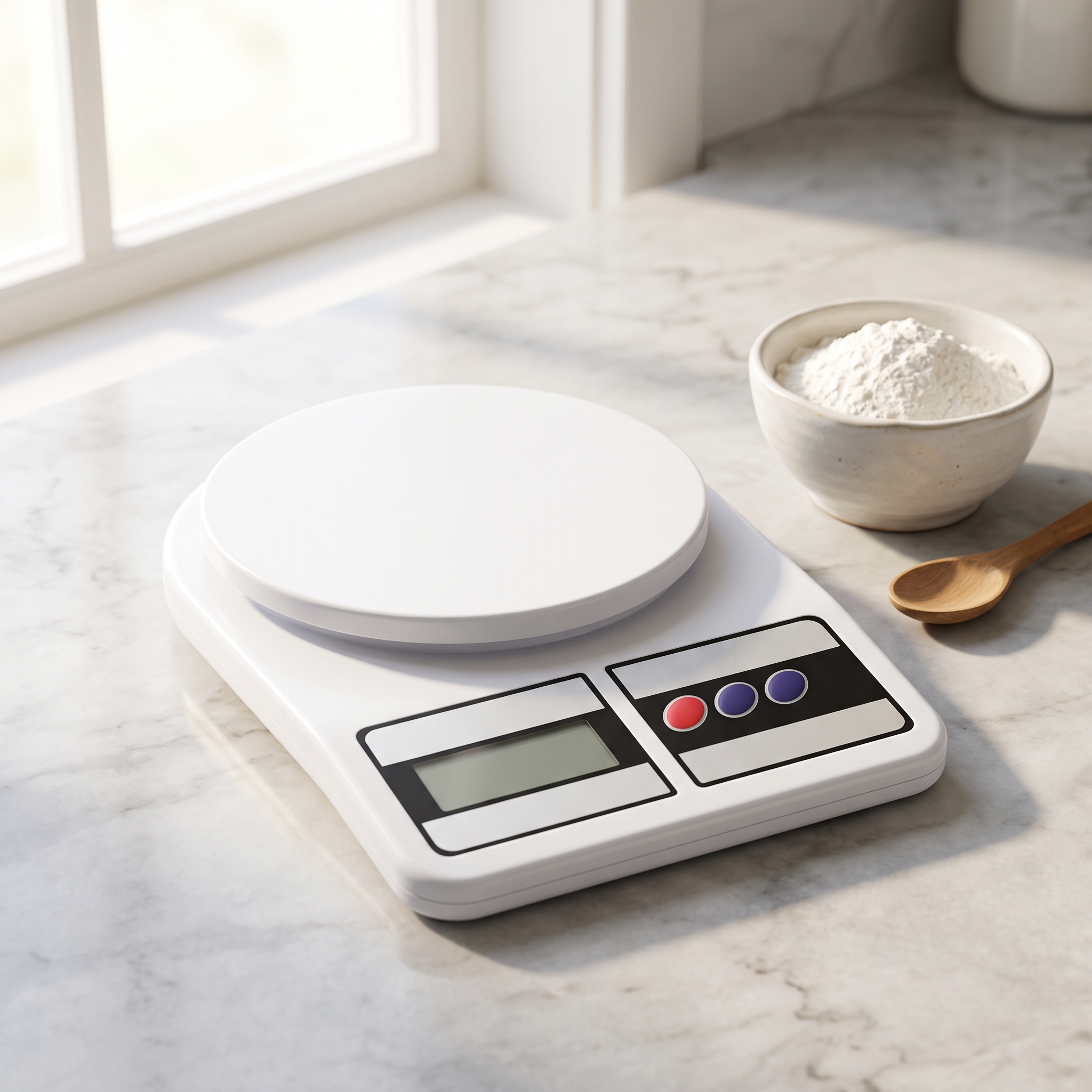 Homslux-digital-kitchen-scale-white.jpg Homslux white digital kitchen scale on a marble countertop next to a bowl of flour