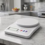 Homslux white digital kitchen scale on a marble countertop next to a bowl of flour