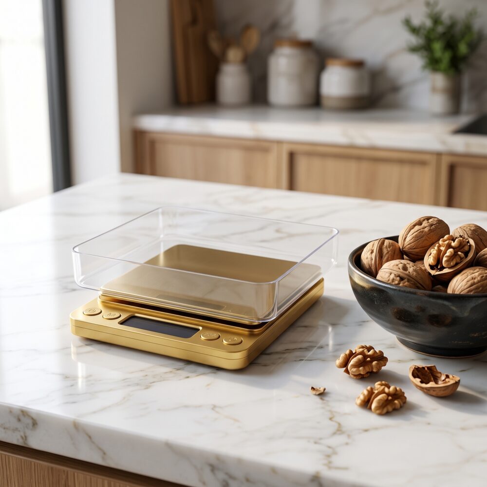 Homslux gold digital kitchen scale with a clear plastic weighing tray on a marble countertop next to a bowl of walnuts