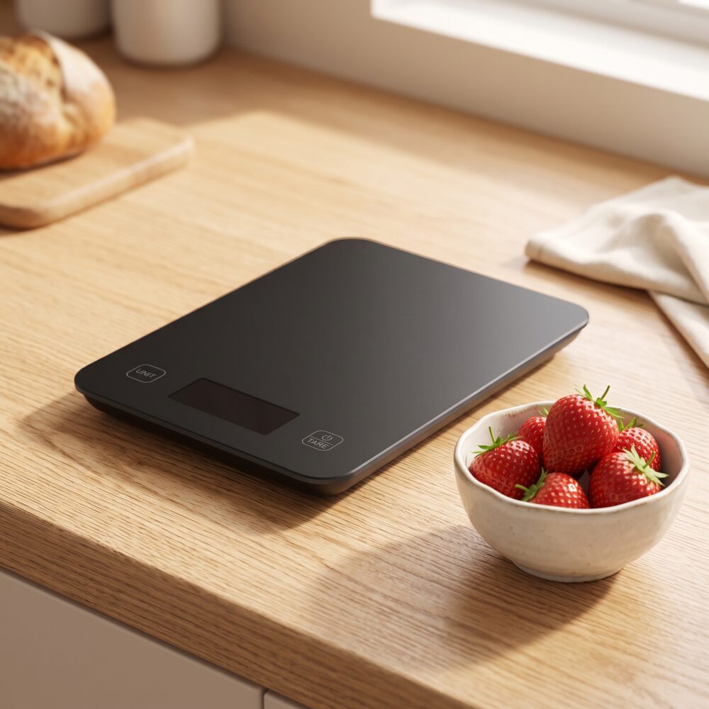 Homslux black tempered glass digital kitchen scale on a wooden countertop showing LED weight readout