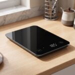 Homslux black tempered glass digital kitchen scale on a wooden countertop showing LED weight readout