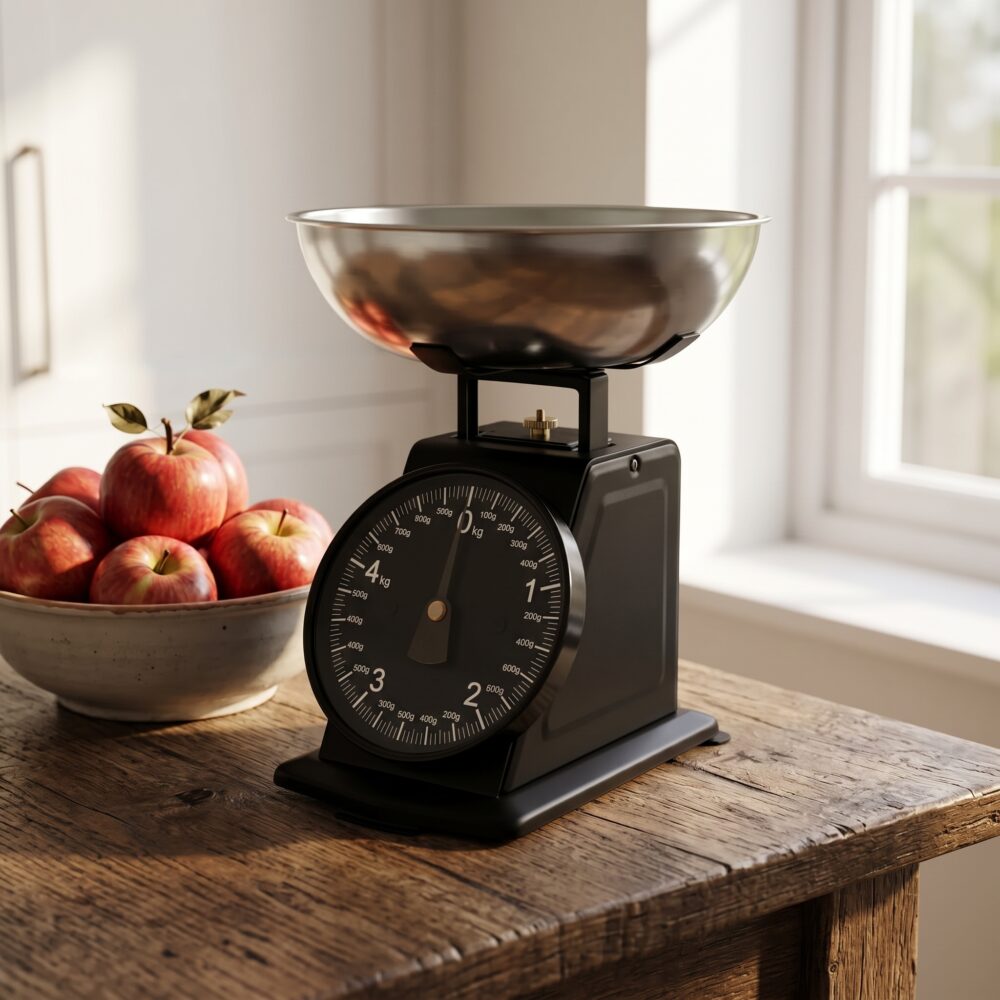 Homslux matte black vintage mechanical kitchen scale with stainless steel bowl on a wooden rustic table next to a bowl of red apples
