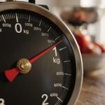 Homslux matte black vintage mechanical kitchen scale with stainless steel bowl on a wooden rustic table next to a bowl of red apples