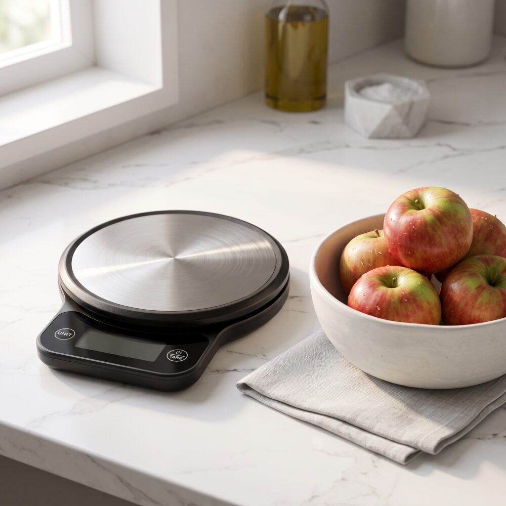 Homslux digital kitchen scale with brushed stainless steel circular platform on a white marble countertop