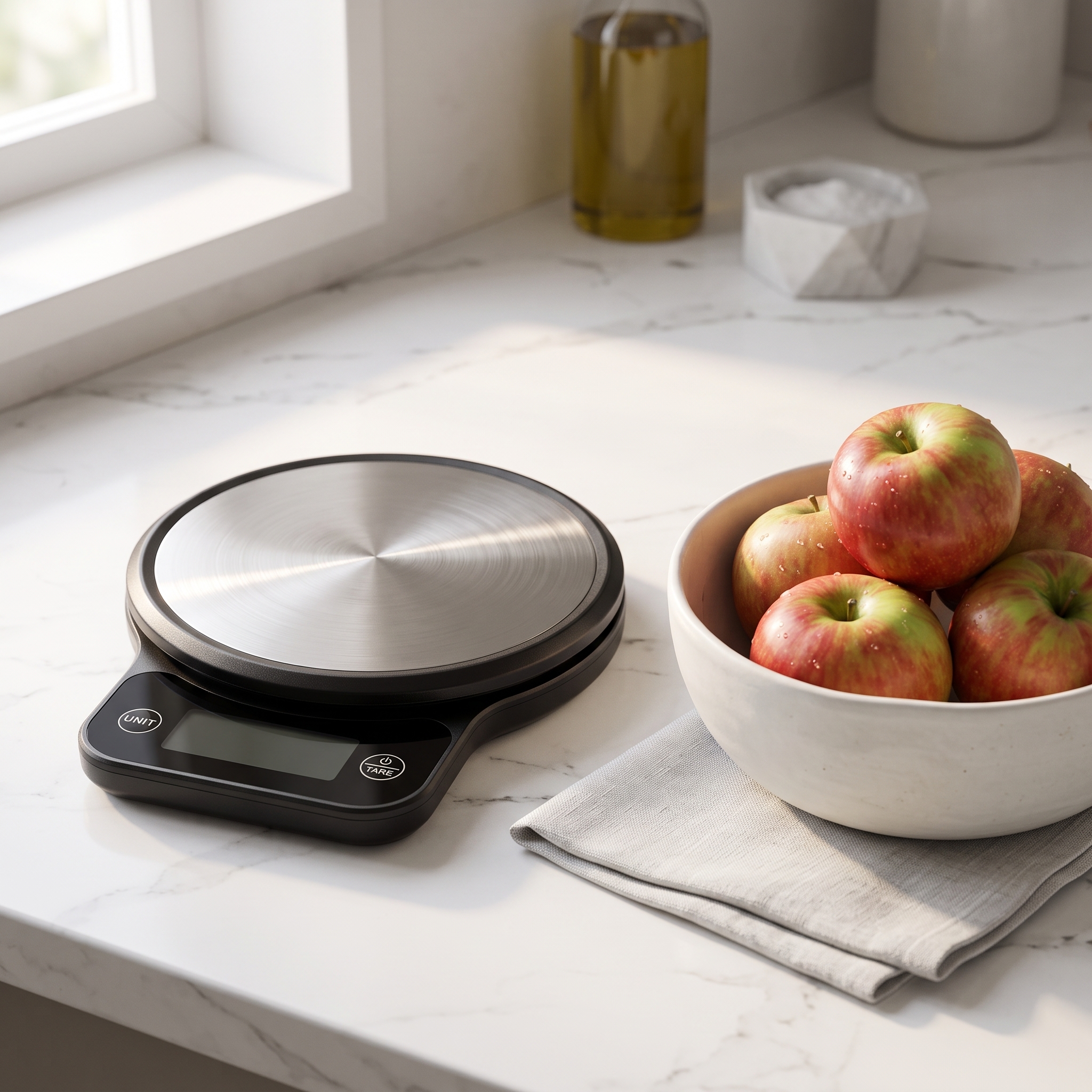Homslux-digital-kitchen-scale-stainless-steel-black.jpg Homslux digital kitchen scale with brushed stainless steel circular platform on a white marble countertop