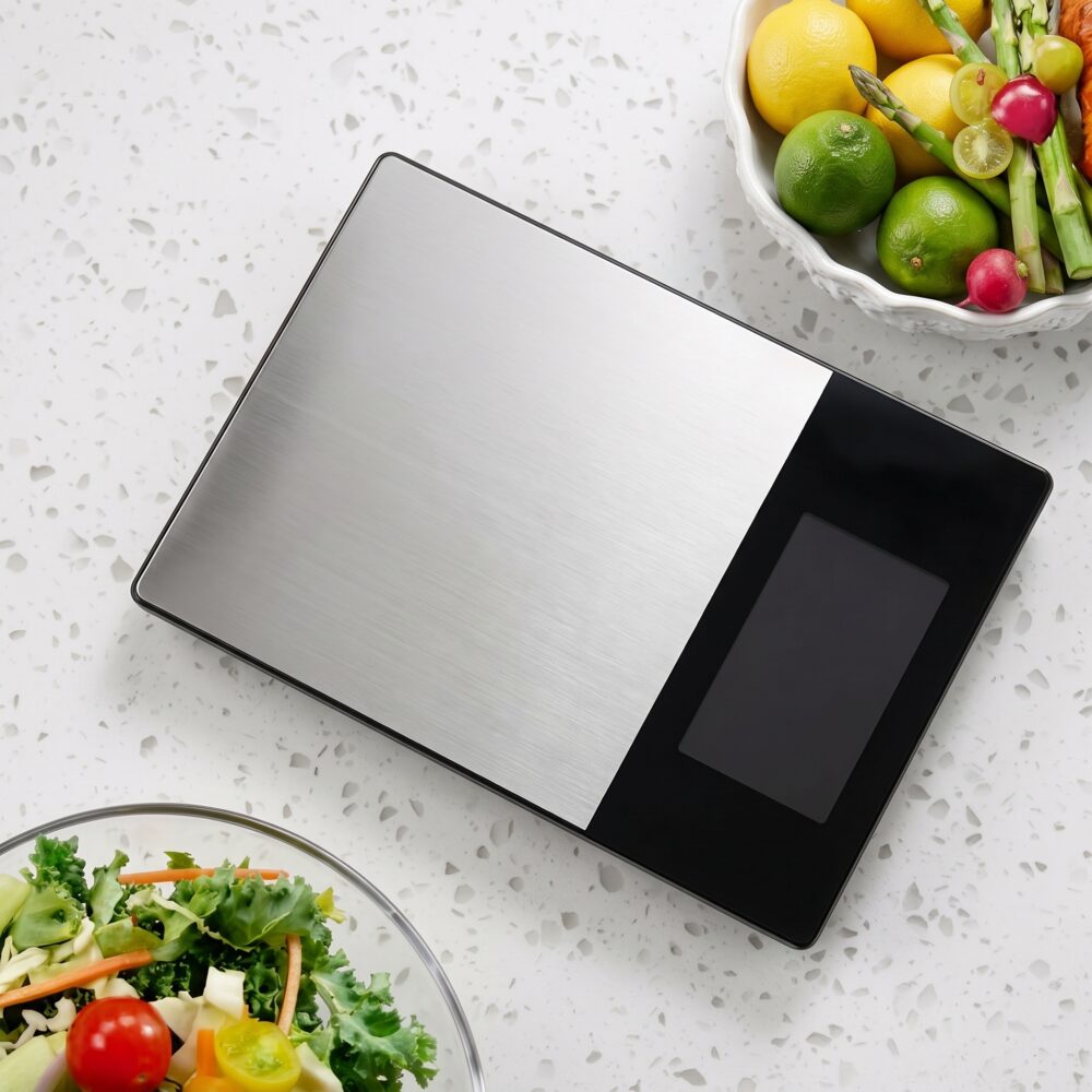Homslux stainless steel digital kitchen scale with a large black display screen on a white speckled countertop next to fresh vegetables