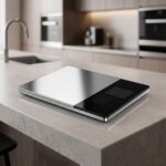 Homslux stainless steel digital kitchen scale with a large black display screen on a white speckled countertop next to fresh vegetables